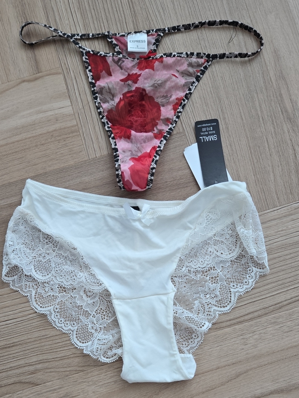 Express Red Floral Thong & White Lace Bikini Panty Set
